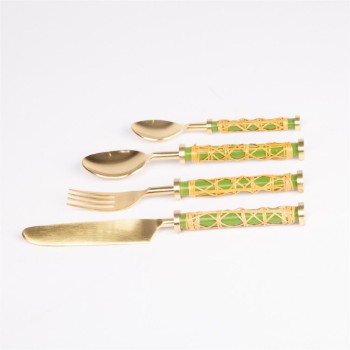 Cutlery rattan green set of 4 for one person