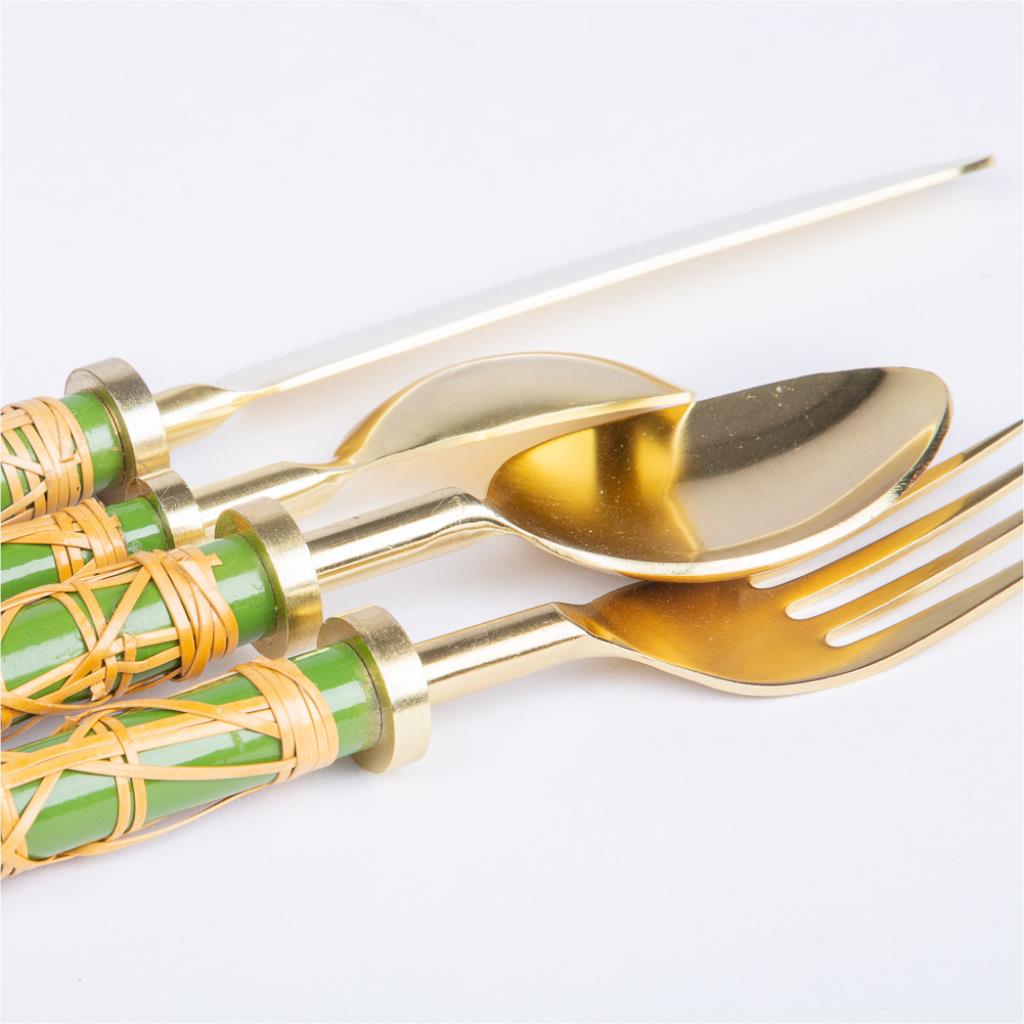 Cutlery rattan green set of 4 for one person