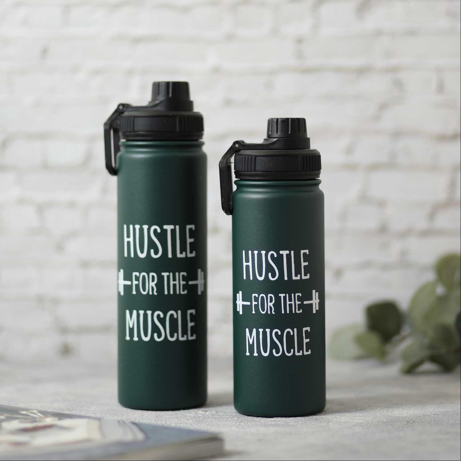 

steel water bottle hustle for the muscle, Dark green white